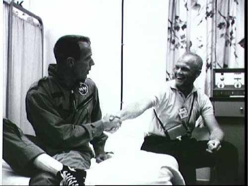 spiritofapollo:John Glenn, first American in orbit, congratulating Scott Carpenter, second American 