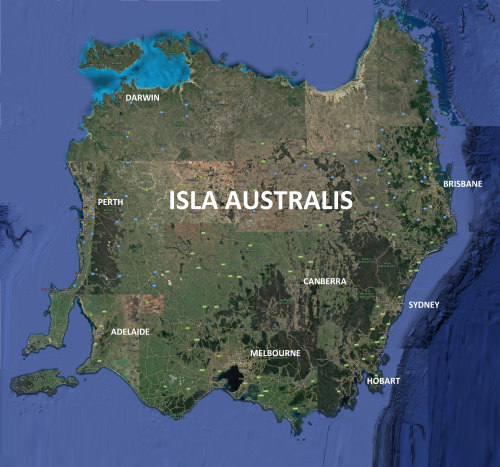 mapsontheweb:“Isla Australis” - Australia as an island with all the state capitals within a days dri