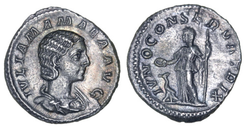 Denarius of Julia Mamaea, mother of the Roman emperor Severus Alexander (r. 222-235 CE).  On the obv