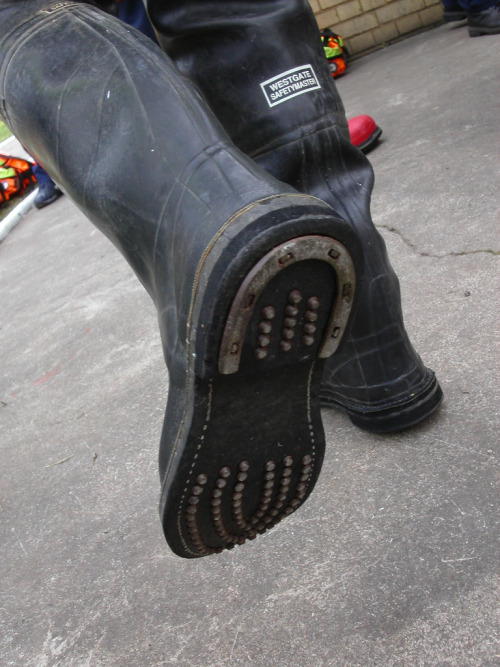 rubberworkie:  dirtyrigger64:  rubberworker:   	Sewers Tour - Hobnail Wellington boots von Adam Horan    	Über Flickr: 	These wellies were great. The hobnails gave you great traction in the sludgy &quot;mud&quot; in the bottom of the sewer, but