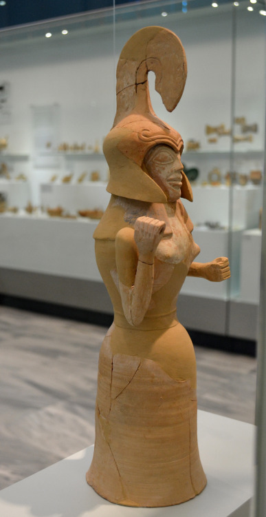 greek-museums:Archaeological Museum of Heraklion:Large clay female figurine with helmet, dedicated t