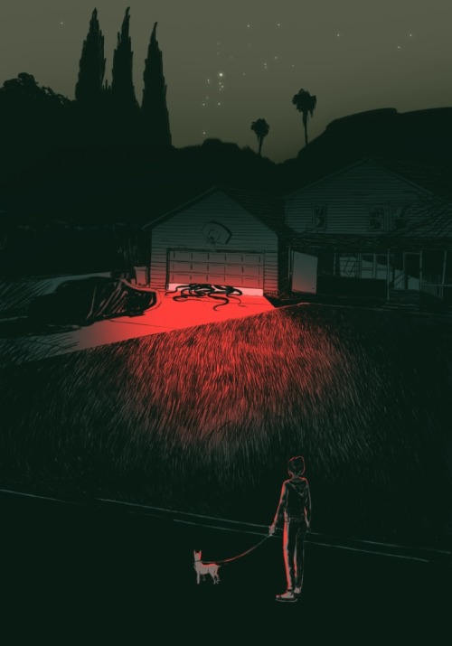 feigndeath:ktt:In the Garage by Cam Floyd[image description: A dark shadowy illustration of a suburb