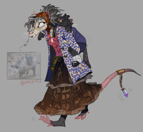snippit-crickit:i feel like this you might enjoy, ronette the opossum who is your old eccentric crystal lady and she runs her own shop with minerals and other spiritual itemsshe is what i call goalsshes currently taking care of debbie ((little black cat