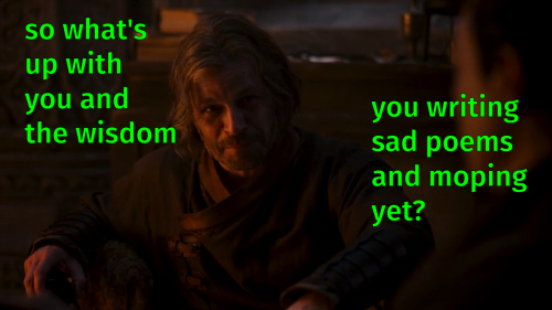 Still from episode 5 of The Wheel of Time showing a close up of Stepin, lit only by a fire. Text has been added that says, "So, what's up with you and the Wisdom? You writing sad poems and moping yet?
