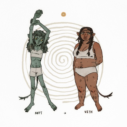 digital drawing of Nott/Veth from Critical Role on a white background with a faint beige spiral behind her, both versions are wearing simple off-white underwear. on the left is Nott, thin with green skin and messy hair and bright yellow eyes. She's stretching her arms above her head with a grumpy expression. on the right is Veth, smiling and standing more confidently. She has warm medium brown skin, dark brown hair in two braids with a thin headband. they both have thin tails and turquoise tattooed patterns around their eyes. between their heads is a yellow button.