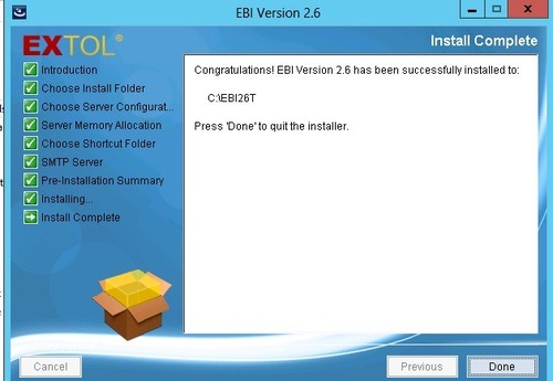 EXTOL Business Integrator 2.6 Server Complete Install confirmation