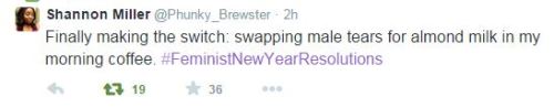 avarosierthewicked:The hashtag #FeministNewYearResolutions is a thing on Twitter.