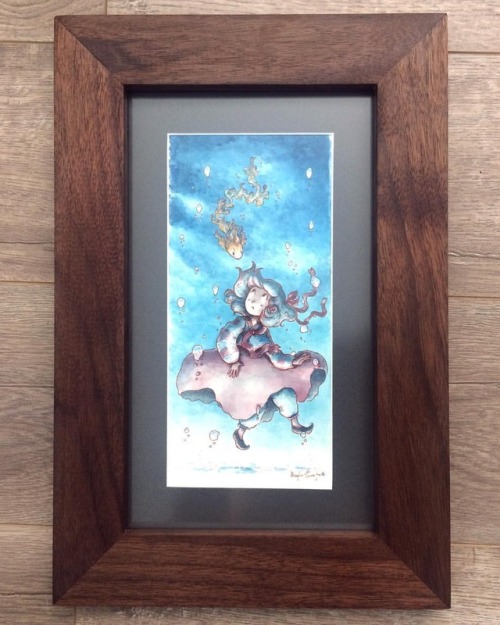 My “Are we Floating or Falling?” painting with this gorgeous custom walnut frame by Bliz