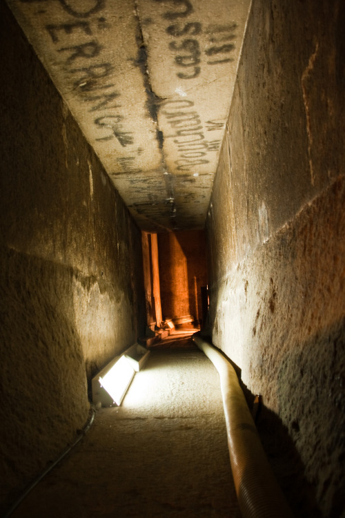 The outside and interior of the ancient Egyptian Red Pyramid, named for the reddish hue of its stone