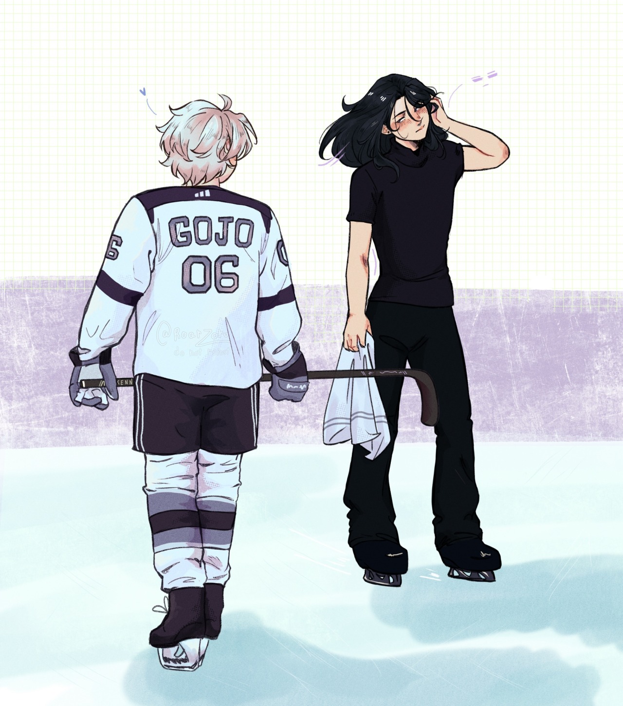 suguru getou and satori gojo skating on an ice rink, gojo is staring at getou as he skates