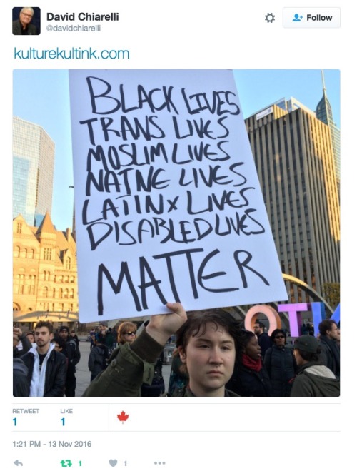 allthecanadianpolitics:Photos from an Anti-Donald Trump protest in Toronto, Canada. November 13th, 2