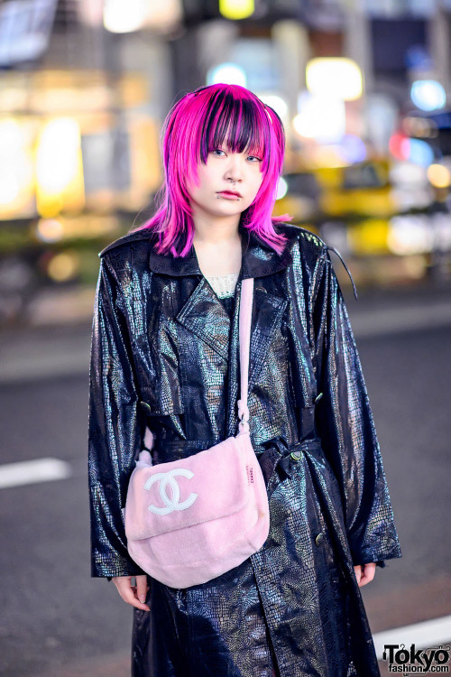 19-year-old Japanese student Neogal on the street in Harajuku with a pink black hairstyle and facial