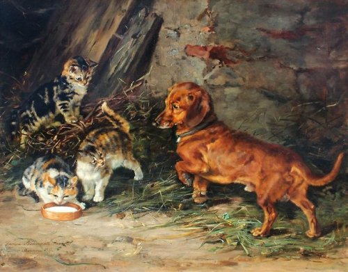 justslowdown:art-and-things-of-beauty:Hermine Biederman-Arends (1855-1916) - Dachshund and Kittens, 