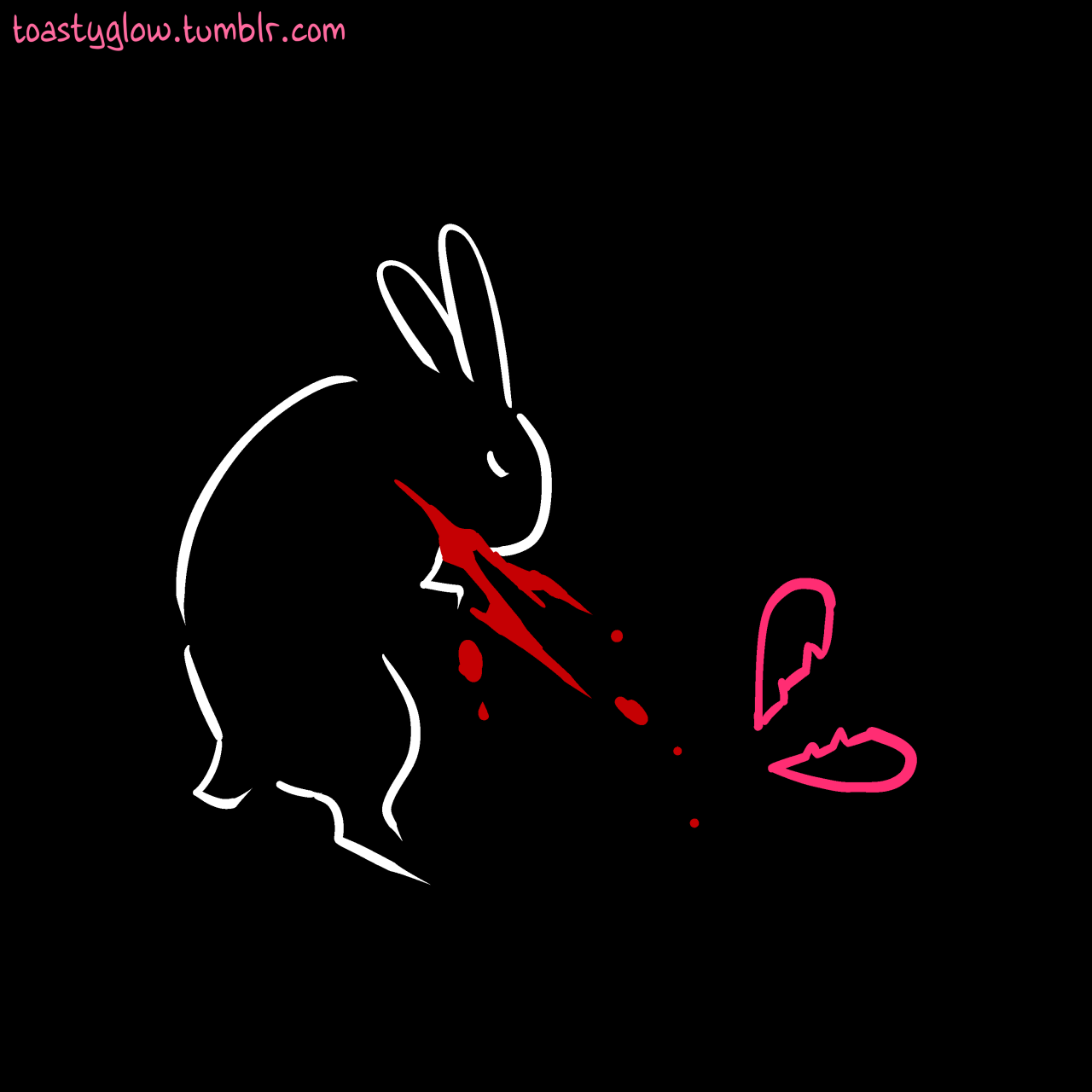 The smaller rabbit lies alone, a bloody gash opened under its throat, the pink heart lying torn in two nearby.