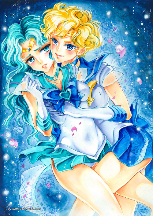 Sailor Uranus and Sailor Neptune. Love this pairing //// I paint with watercolors and ink.