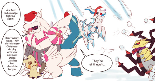 Short comic for Christmas for Papa Giratina and his adoptive spawn child Mimikyu