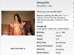 PROFILE SPOTLIGHT (Woman): Showy Kiki likes to show &lsquo;em. But does she let you touch them? Guess you&rsquo;re gonna have to click to find out.