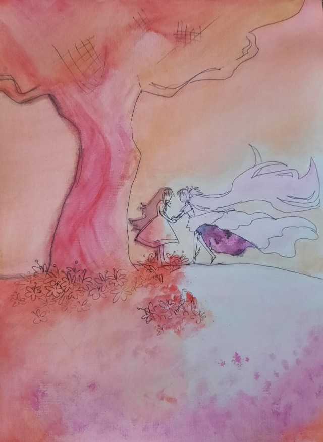 A watercolour painting of Homura Akemi and Madoka Kaname from Puella Magi Madoka Magica. They stand by a tree as Madoka holds Homura's hands, red lillies around Homura's feet and in her outfit before becoming a witch while Madoka is glowing and in her outfit after becoming the law of cycles. The colours are reminiscent of the lesbian pride flag.