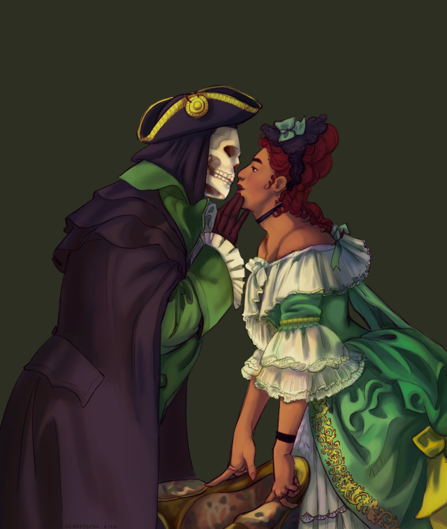 A digital painting of Dyre Ode and Es leaning in for a kiss in front of a dark green background. They are separated by a low victorian chair, which es is leaning on with both hands. Dyre is a person with a skull instead of a face, wearing a long black cloak over a green jacket with ruffles at the neck and sleeves. He is wearing a tricorn hat and gloves, and he is gently touching es's chin. Es is a person with tan skin, and long berry colored hair in a tall updo. She has a lacy black headpiece on, and she wears a pale green off the shoulder 18th century style dress, with frilly white lace around the neckline and sleeves.