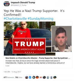 infernalseason:  James Alex Fields Jr. - a registered Republican voter, Trump supporter, as well as a Nazi sympathizer. And now a terrorist.  Scum.  