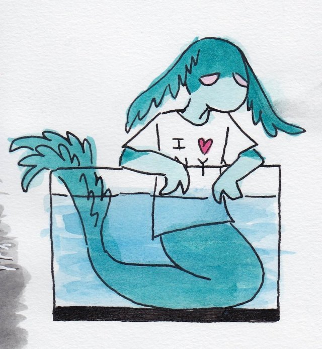 mermay 6!! im obsessed with drawing all my creature-y and monster-y looking ocs in the i heart ny shirts i dont know how to explain it. he’s trying to fit in to human society #mermay 2022#ocs#oc art#art#traditional art#watercolour #while i was drawing this i was thinking about how so much mermaid media is about mermaids who can turn human  #and i was thinking like damn...should i make these guys shapeshift into human forms  #i decided against it just cause i kinda like em just as giant fish people but also  #i remembered how i am when i make human forms of my nonhuman ocs  #do you remember my rosie and tsana gijinkas  #tiny plant themed marketable plushie creature rosie was turned into a tall green elf man  #and 3 foot tall bowling pin shaped pants wearing alien tsana was just elongated and given hair  #i didnt even give her a mouth in most of the drawings....shes still bright red  #my attempts at giving ocs human forms always ends up a little wacky fkjdsjfdsk  #like literally i just pictured in my head the same kelpy fish person but this time. with legs  #just a giant naked teal person with a snout and frills. and i thought hmm. maybe i shouldnt do that to my mermaids  #anyway i also really like the idea of wheeling around a 8 foot tall fish man in a tank so  #hes just a fish  #(although i think he can breathe air fine)