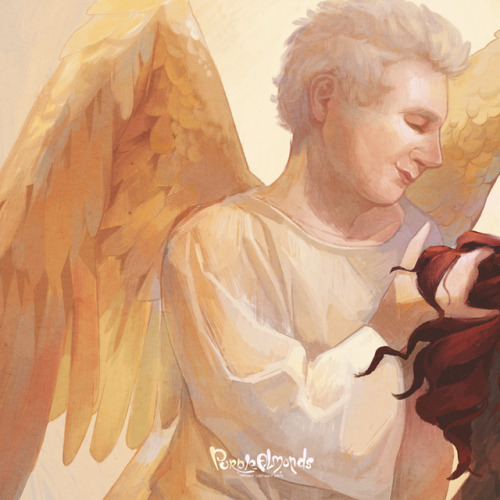 purplealmonds:Slapped some color (and a shiny new watermark!) on the Good Omens sketch from earlier 