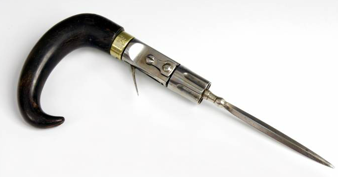 peashooter85:  Cane with hidden revolver and dagger, Germany circa 1880. 