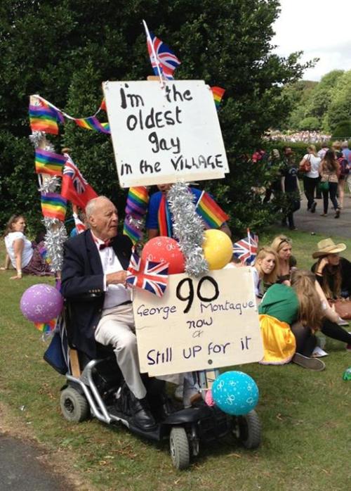 iamthecutestofborg:  lgbtlaughs:   thedilfbrigade:  George is out here trying to get laid with a poster at the pride parade at ninety years old   This is George Montague, he’s an author who is currently campaigning to have a historic conviction for “gross