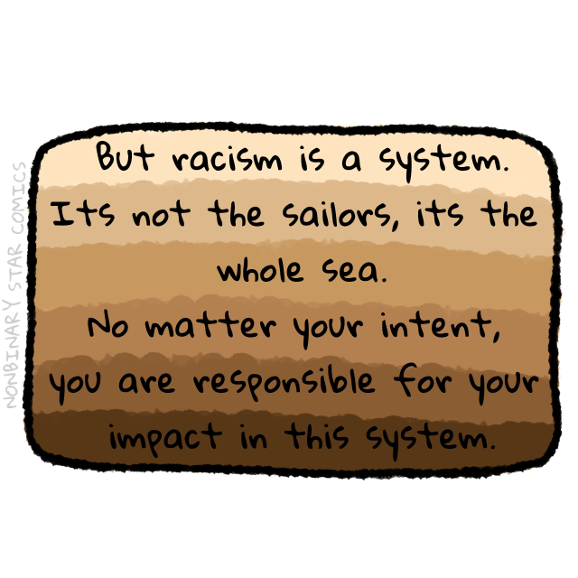 A fith and final comic panel filled with horizontal bands representing skin tones ranging from beige to a dark brown has only black text in its center reading: "But racism is a system. Its not the sailors, its the whole sea. No matter your intent, you are responsible for your impact in this system."