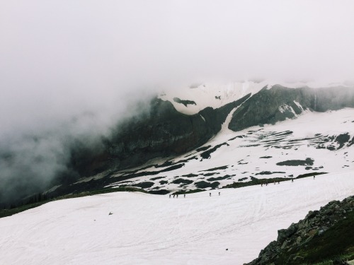 Backpackers coming down from summiting Mount Rainier