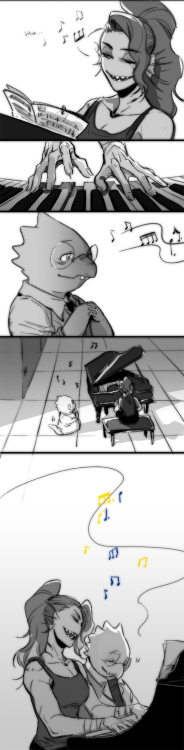 wraith615:  Duet. Undyne’s humming when she’s playing piano and Alphys is listeing quietly. Later she joined with Undyne together to form a duet. 