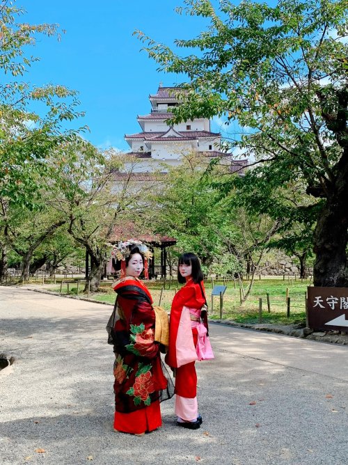 September 2021: Aoi-tayuu, of Suehiro okiya, and her kamuro pose in front of Tsuruga Castle, a.k.a. 