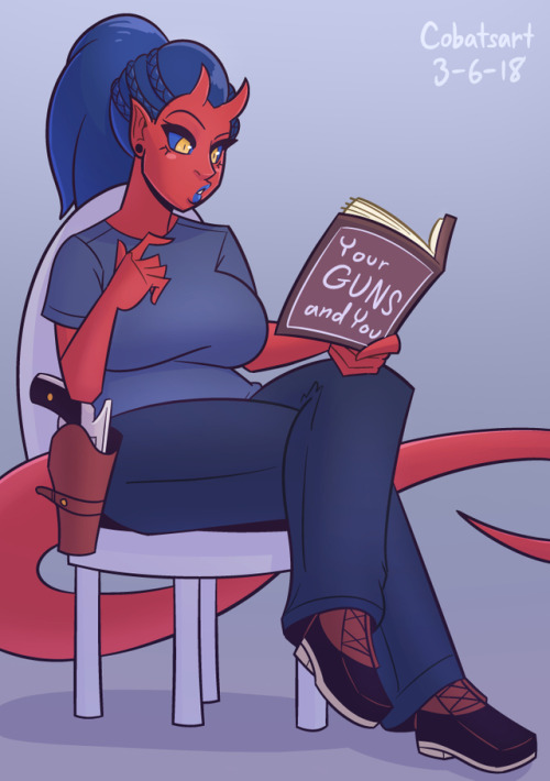 Commission by this lovely person of their OC, Araime reading a book about guns! Oddly Wholesome comm