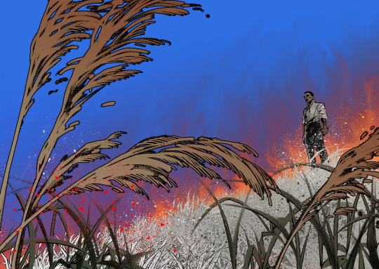 Sinners fanart depicting a pastoral scene with Sammie in the background, cotton plants in the foreground, and fire on the horizon.