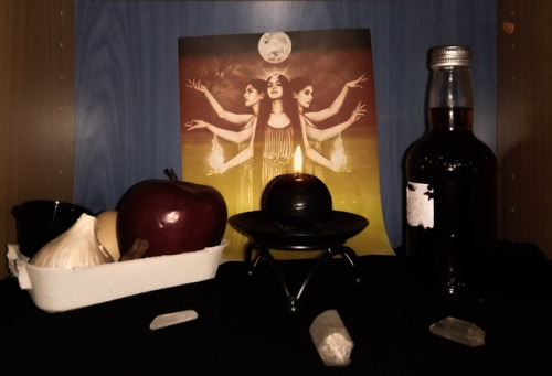 My small shrine to Hekate from last night’s Deipnon. I offered Her an apple, an egg, a cinnamo
