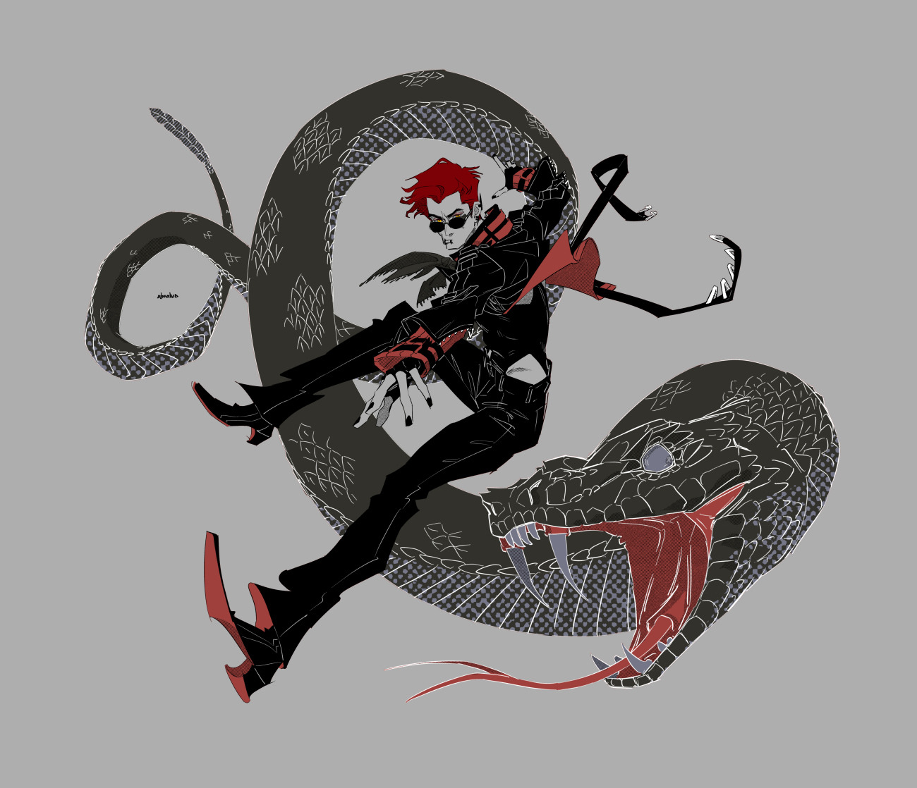 Fanart depicting Crowley from the TV show Good Omens, drawn in shades of red, black and grey, wearing a punk outfit and performing an action pose in front of a giant snake.