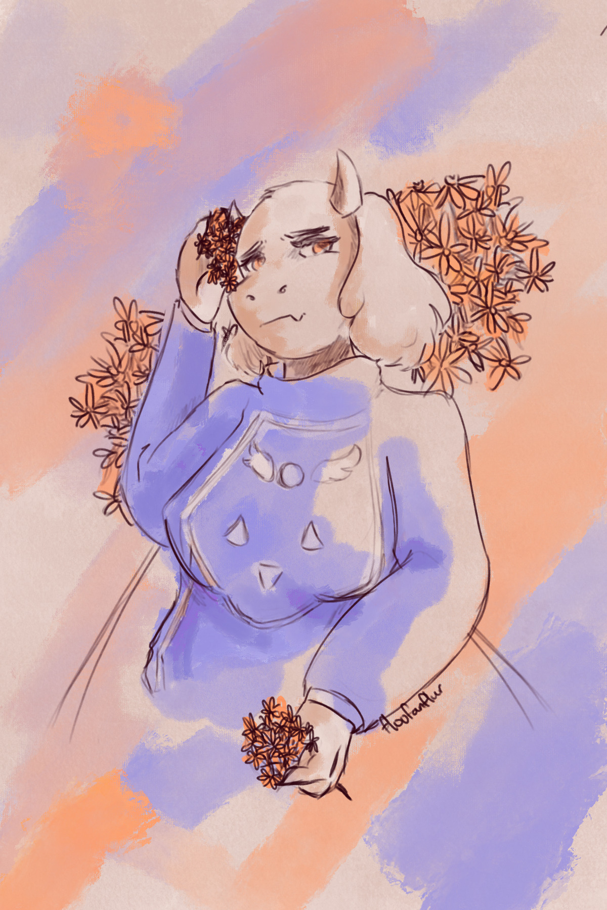 An image of Toriel, tucking a branch of butterfly weeds (orange flowers) behind her ear. She's holding another bundle of the flowers in her other hand, and has a solemn expression.