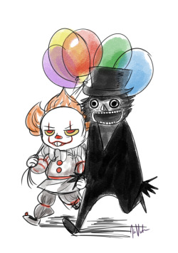 kumiventuraart:    Pennywise and his boyfriend, The Babadook are off on a date to get crepes and terrorize some kids.  What, didn’t you hear the news?https://twitter.com/starkrhodey/status/907262073284960257 