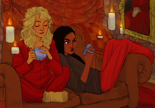 meabhd:Parvati and Lavender reading each other’s tea leaves in pyjamas…I’m trying to work on backgro