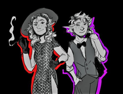 zonerloners:sqqquid:dressed to the nines[ID: greyscale illustrations of Lup and Taako on a black bac
