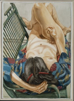 transistoradio:  Philip Pearlstein (b.1924), Model in Kimono on Green Bench (1982), watercolour on paper, 74.9 x 134.1 cm. Collection of Metropolitan Museum of Art, New York, New York, USA. Via Met.