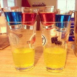 tipsybartender:  GRENADE BOMB SHOT BLUE SHOT- Blue Curacao Simple Syrup  RED SHOT Vodka Cranberry  PINT GLASS Mountain Dew    This pic was sent to us on www.instagram.com/TipsyBartender by @letsturnup Hashtag your artistic cocktail pics #tipsybartender