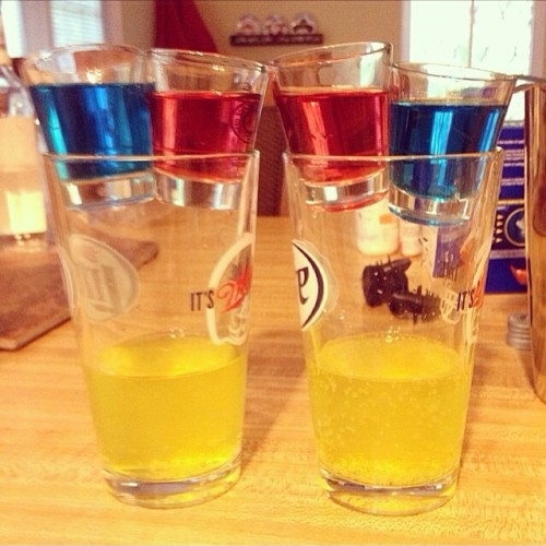 tipsybartender:  GRENADE BOMB SHOT BLUE SHOT- Blue Curacao Simple Syrup  RED SHOT Vodka Cranberry  PINT GLASS Mountain Dew    This pic was sent to us on www.instagram.com/TipsyBartender by @letsturnup Hashtag your artistic cocktail pics #tipsybartender