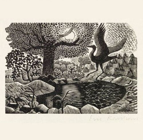 A Heron Landing (1937), a book illustratration by Eric Ravilious (1903-1942). English painter, desig