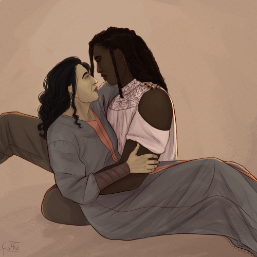 [ID: loki and sigyn from the bifrost incident. loki is a white woman with long dark hair wearing a l