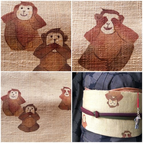 The three wise monkeys (Mizaru, Iwazaru, Kikazaru), beautifully comfy  mawata tsumugi obi (seen on)M