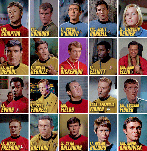 Compton - Enlisted - Security officer - Operations - Died 2268 - 1 episode
Connors - Enlisted ?Lieutenant? - Medical assistant - Sciences - 2266 - 1 episode
Robert D'Amato - Lieutenant - Senior geologist - Sciences - Died 2268 episode
Scott Darnell - Enlisted - Sciences - Died 2266 - 1 episode
Elizabeth Dehner - ?Lieutenant?- Psychiatrist - Sciences - Died 2265 - 1 episode
Sean DePaul - Lieutenant - Helmsman/Navigator - Command - 2267 - 2 episodes
Anton DeSalle - Lieutenant - Assistant Chief Engineer/Navigator Command/Operations - 2267 - 3 episodes
Dickerson - Lieutenant - Security Officer - Operations - 2269 - 1 episode
Elliott - Lieutenant - Engineer - Command - 2267 - 1 episode
Sam Ellis - ?Ensign? - Medical Staff - ?Sciences? - 2266 - 1 episode
Evans - Lieutenant - Security Officer - Operations - 2268 - 1 episode
John Farrell - Lieutenant - Navigator/Communications Officer -Command - 2266 - 3 episodes
Fields - Enlisted - Security Officer/Phaser Specialist - Command/Operations - 2266-2267 - 4 episodes
Benjamin Finney -Lieutenant Commander - Records Officer -Command - Arrested 2267 - 1 episode
Edward Fisher - Enlisted - Geological technician - Sciences - 2254-2266 - 4 episodes
Jerry Freeman - Lieutenant - Security officer - Command/Operations - 2268 - 3 episodes
Gaetano - Lieutenant - Radiation Specialist - Command - Died 2267 - 1 episode
David Galloway - Lieutenant - Transporter Chief/Security Guard Operations - 2266-2268 Dies Then comes Back in 2269 - 8 episodes
Arlene Galway - Lieutenant - ???- Sciences - Died 2267 - 1 episode
David Garrovick - Ensign - Security Officer - Operations - 2268 - 1 episode