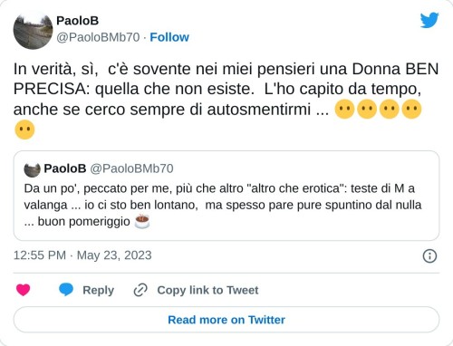 In verità, sì, c'è sovente nei miei pensieri una Donna BEN PRECISA: quella che non esiste. L'ho capito da tempo, anche se cerco sempre di autosmentirmi ... 😶😶😶😶😶 https://t.co/ElegHt0Axd  — PaoloB (@PaoloBMb70) May 23, 2023