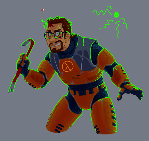 Gordon freeman from halflife, drawn from the knees up, holding a crowbar and looking stressed. There's blood and sweat running down his forehead, and he's posed as if ready to run at any moment.