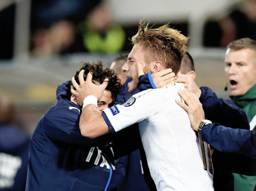 Ciro Immobile celebrates scoring a double with Italy in a 3:2 win against Macedonia